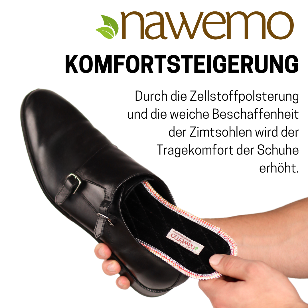 Suelas de canela Nawemo "terciopelo" Suelas de canela Nawemo 'terciopelo' dentro de un zapato negro, con borde rojo.