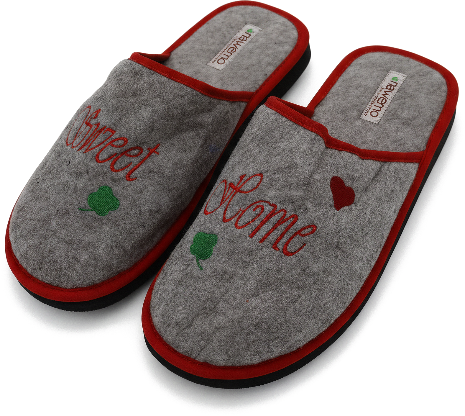 Zimthausschuhe Nawemo "Sweet Home", grau-rot Grau-rote Zimthausschuhe Nawemo "Sweet Home" mit Schriftzug und Herzmotiv.