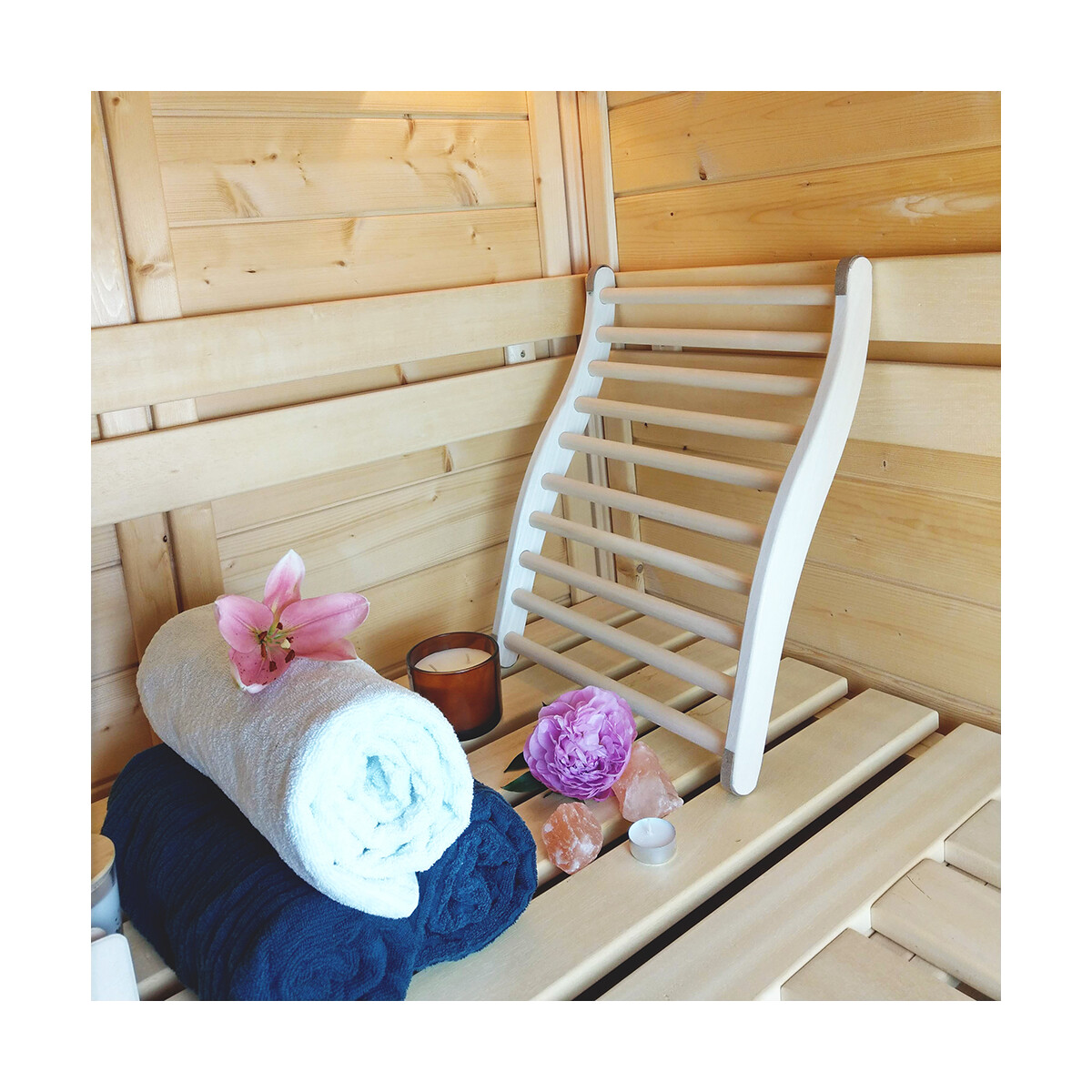 Sauna backrest, ergonomic S-shape, round bars embedded in wood 51 cm