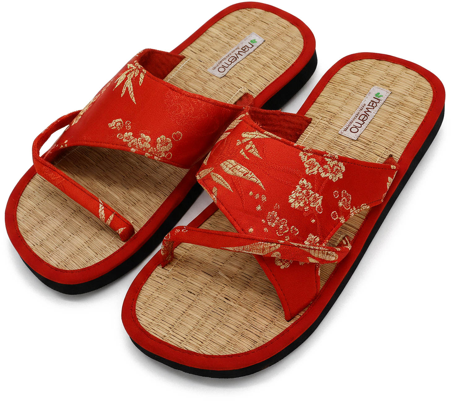 Zimtlatschen Nawemo "Wide Strap", rot Zimtlatschen Nawemo in Rot mit breiten Riemen und floralem Muster auf Satin-Seide.