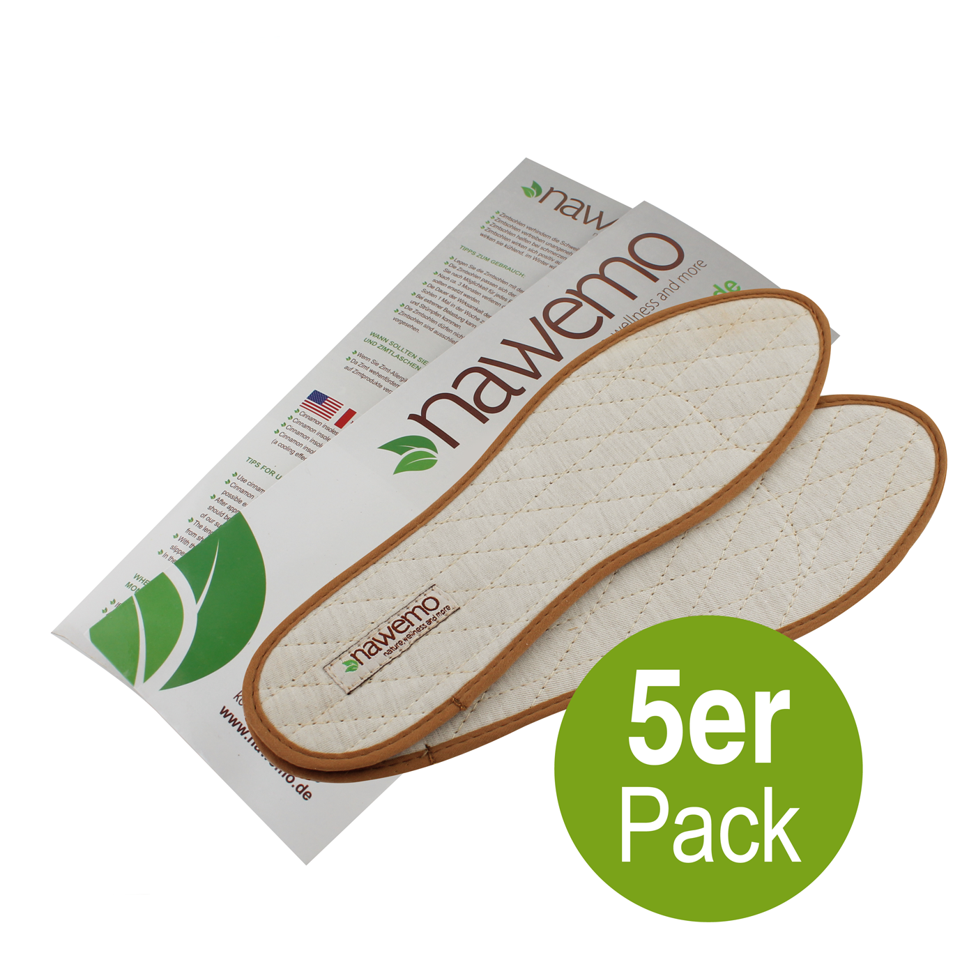 1400_5Pack_helle-Sohle_verpackung_web Paquete de cinco suelas de canela Nawemo 'light', cómodas y neutralizadoras de olores.