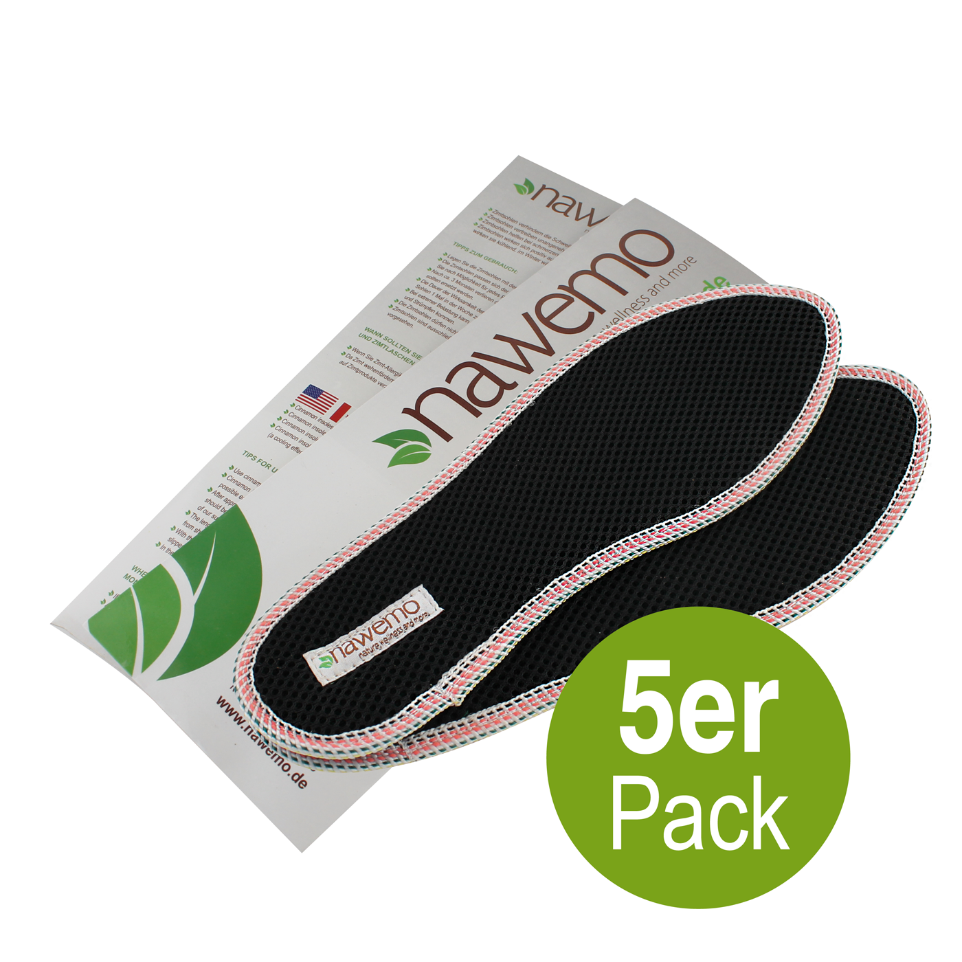 1400_5Pack_3D_43_verpackung_web Suelas de canela Nawemo "3D" paquete de 5, negras con borde colorido, sobre el embalaje.