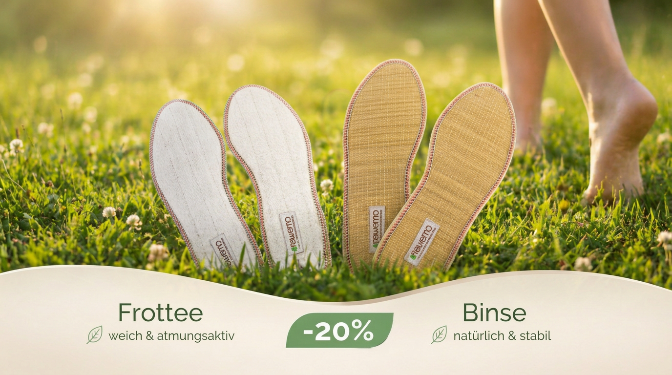 Zwei Paar Frottee- und Binse-Sohlen auf Gras, mit -20% Rabatt angezeigt.