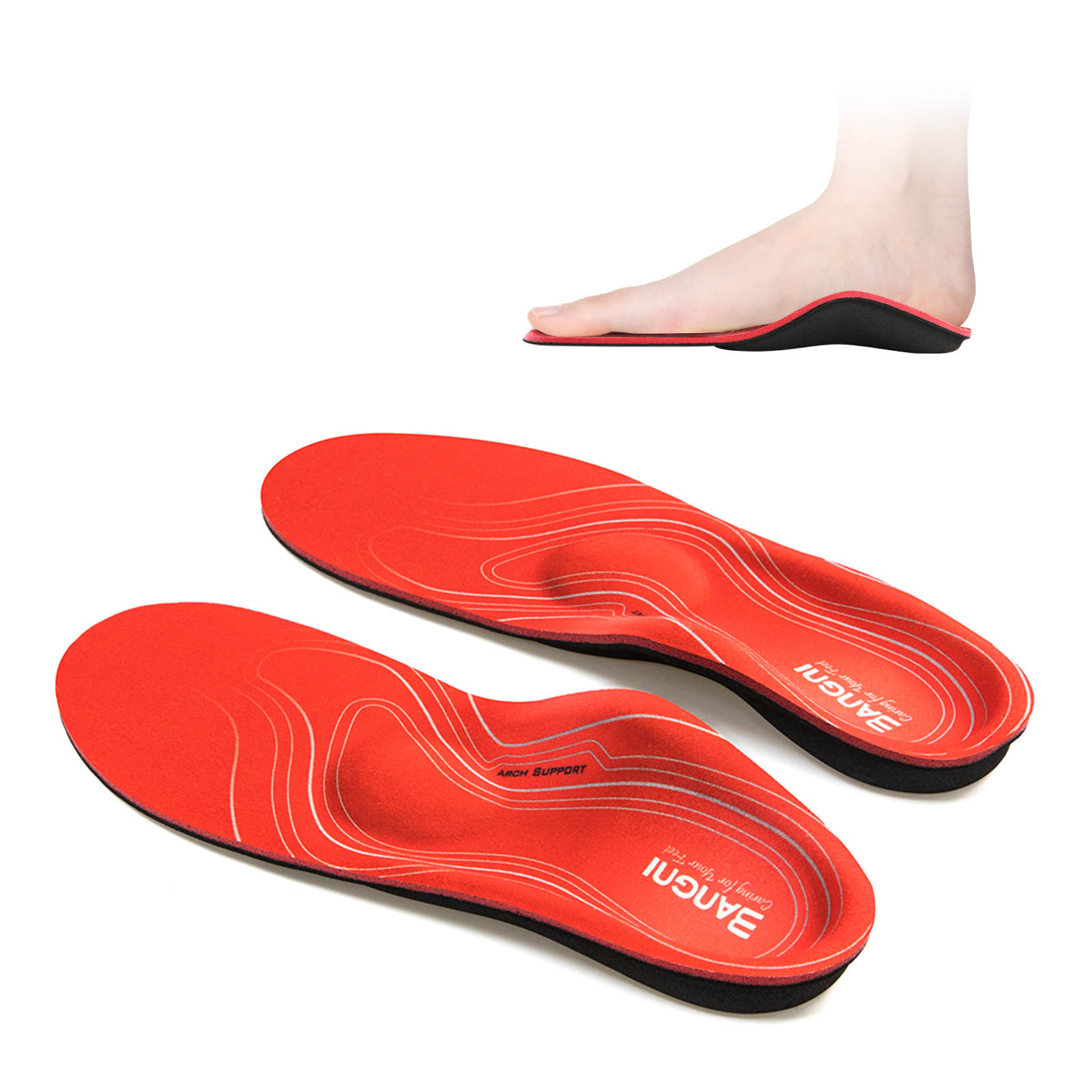 BANGNI Orthopädische Einlegesohlen Plattfuß, Fersensporn, Senkspreizfuß, Plantarfasziitis BANGNI orthopädische Einlegesohlen in Rot mit ergonomischem Design für Fußunterstützung.