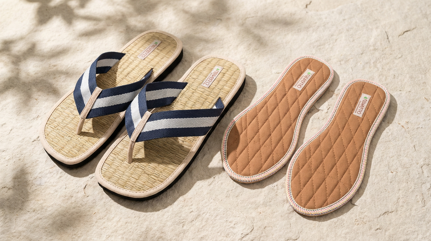 Braune Flip-Flops mit gestreiftem Riemen und abnehmbaren Sohlen auf hellem Untergrund.