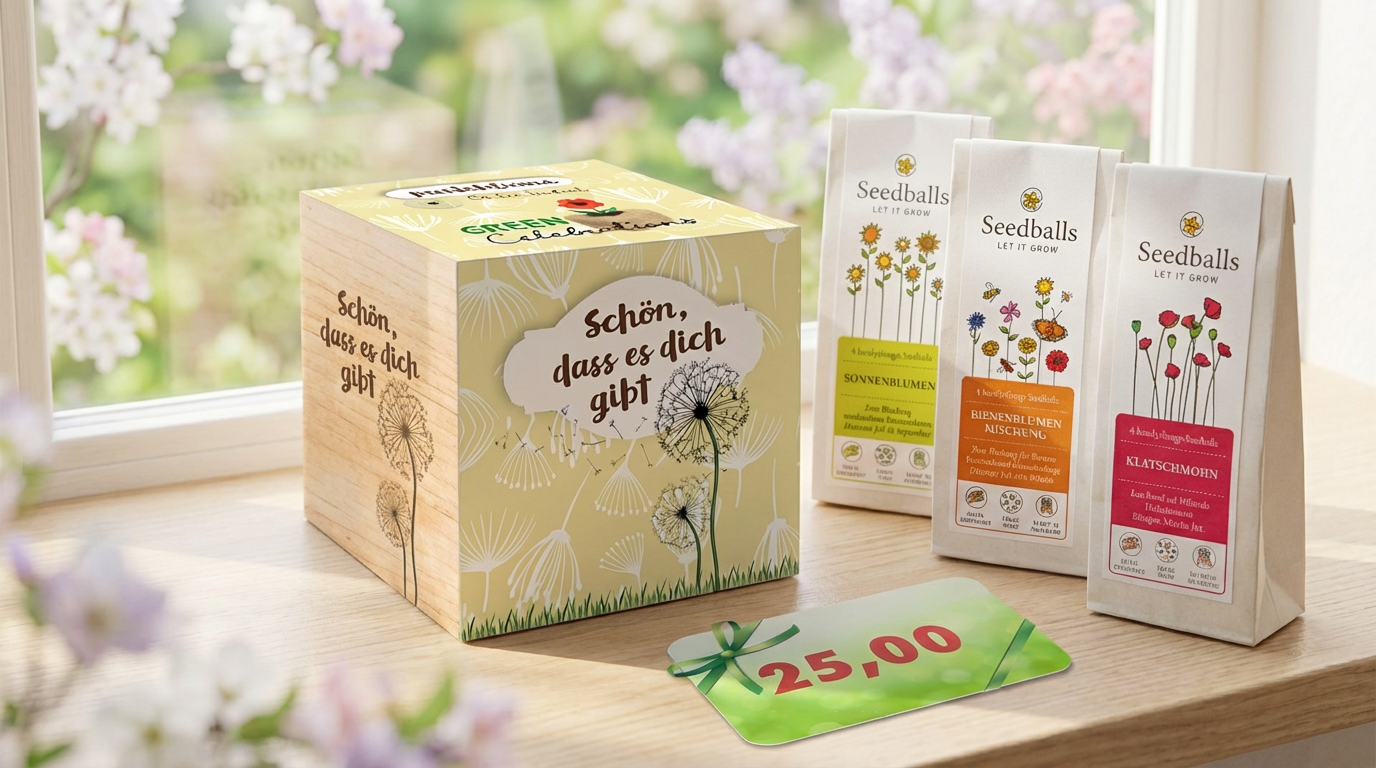 Geschenkbox mit Samenballen und einer Geschenkkarte im Vordergrund, Blumen im Hintergrund.