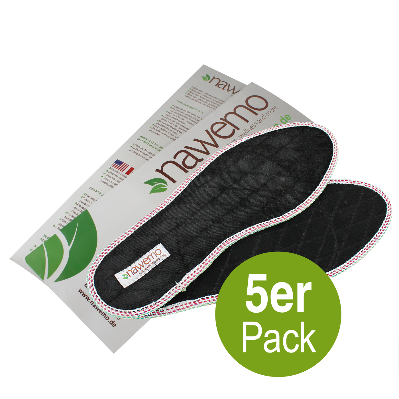 1400_5Pack_Flauschige-Sohle_verpackung_web Suelas de canela Nawemo 'terciopelo' paquete de 5, negras con costura blanca, sobre el embalaje con logo.