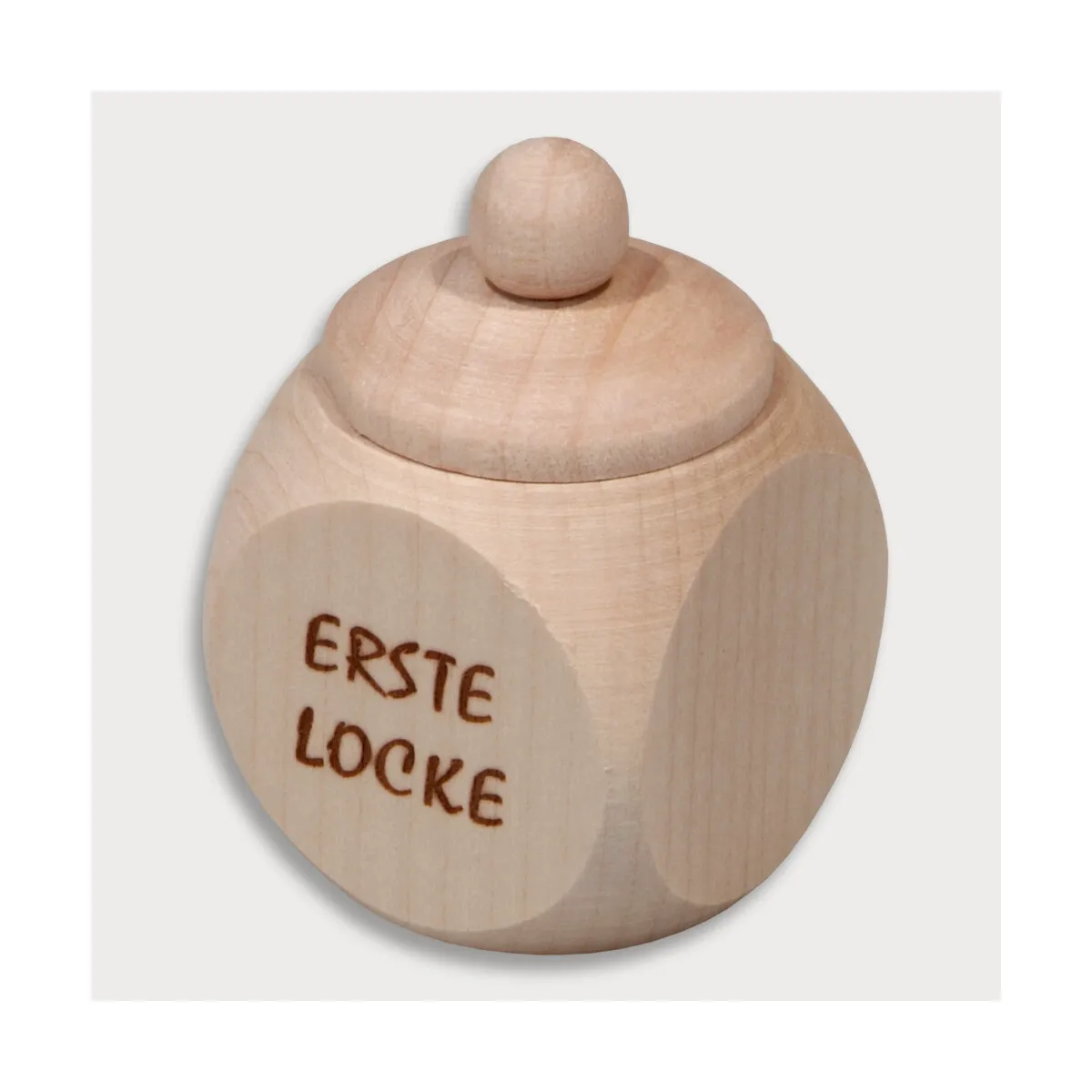 Holzdose, mit Schraubverschluss, Aufdruck Erste Locke, Einbrand aus Holz 4 cm