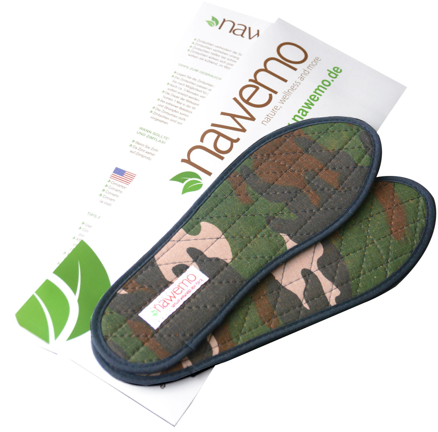 Zimteinlegesohlen_gruen_gemustert_01 Suelas canela Nawemo 'Camuflaje' en patrón de camuflaje verde, cómodas y neutralizadoras de olores.