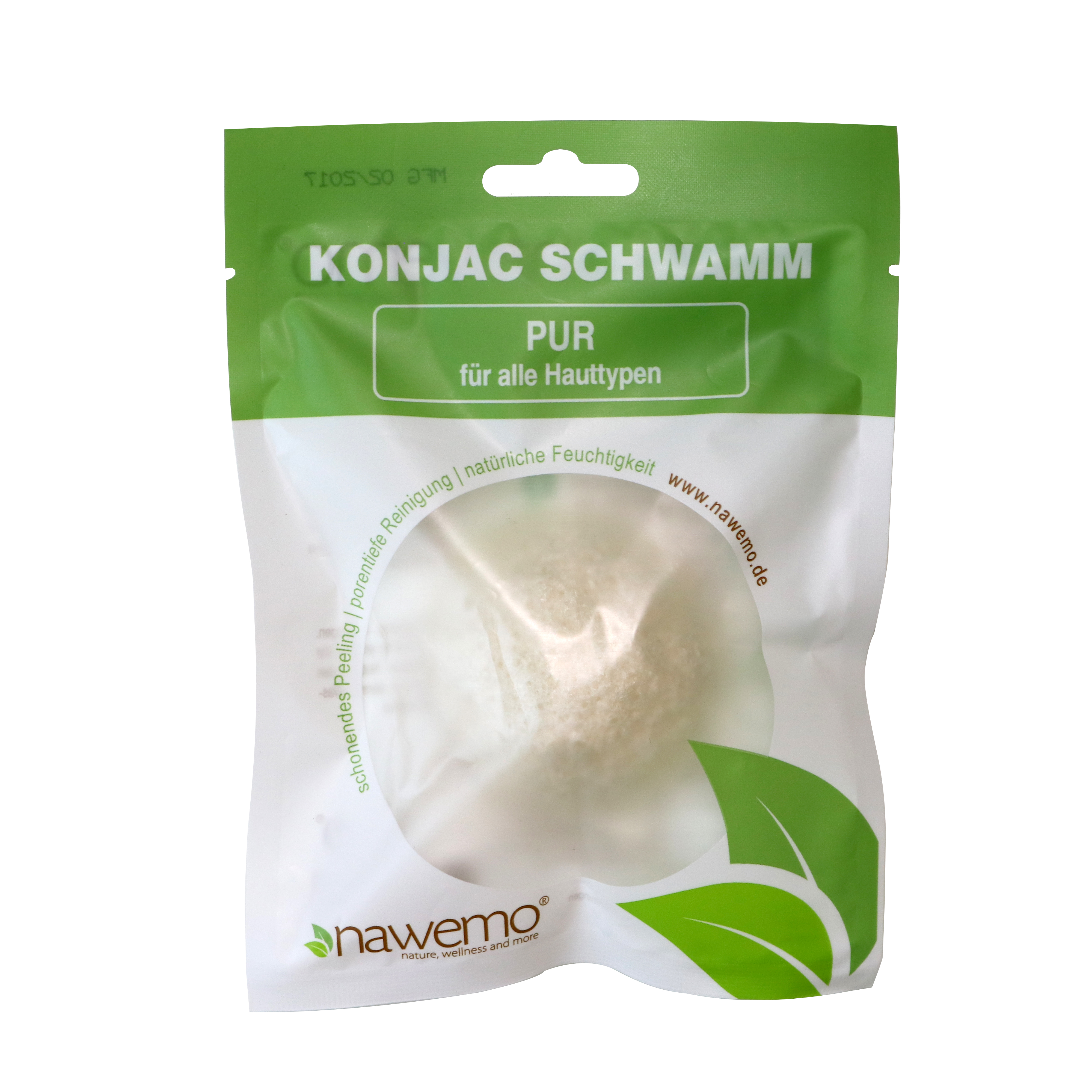 pur_bearbeitet Éponge Konjac Pur en emballage, adaptée à tous les types de peau.