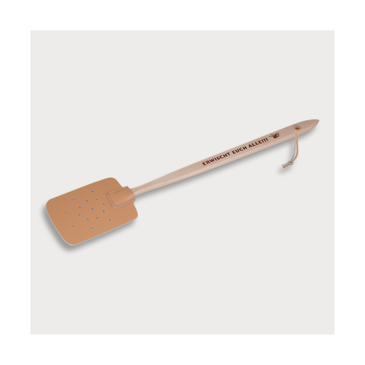 Fly swatter with imprint ERWISCHT EUCH ALLE!!! made of wood 47.5 cm
