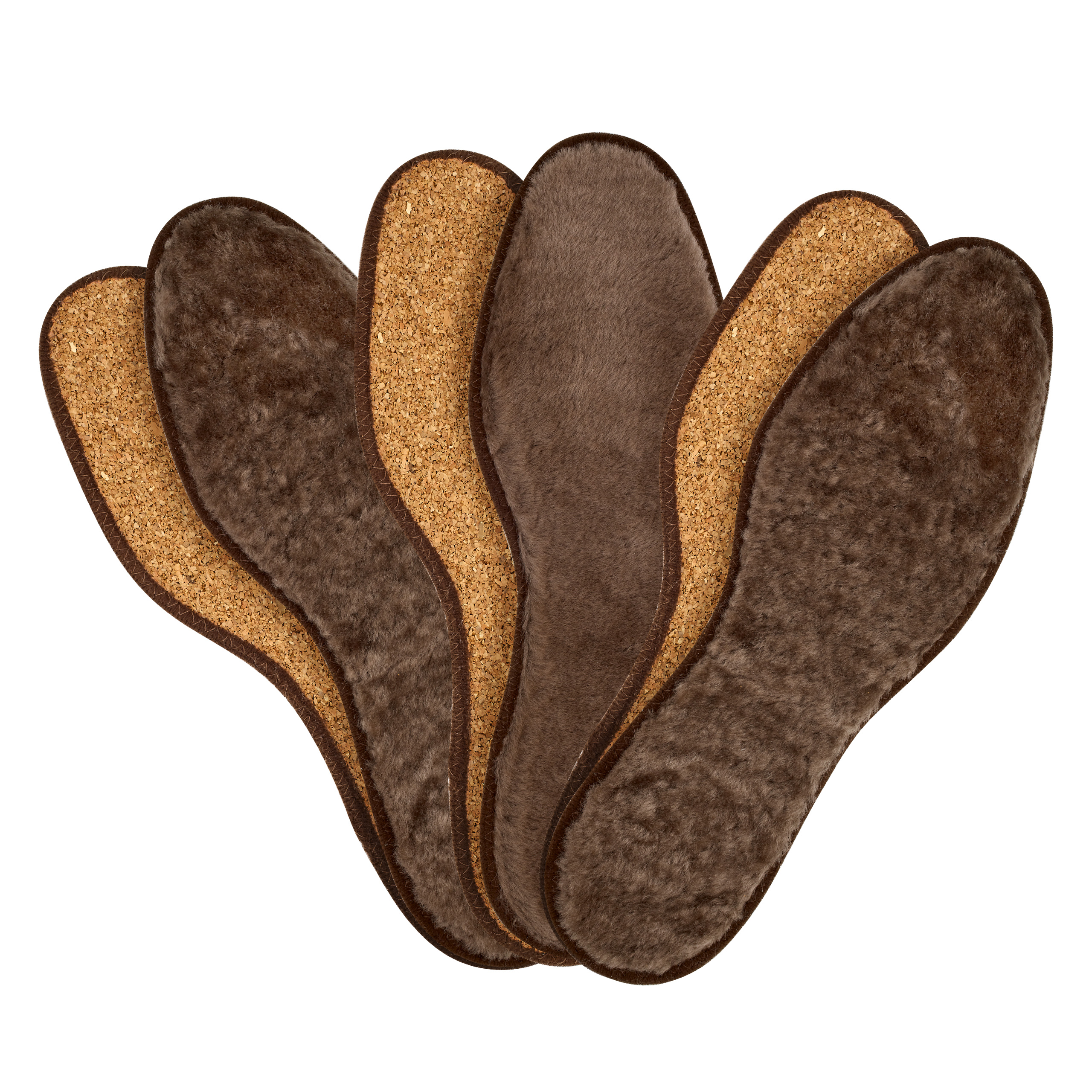 3er-Set Three pairs of lambskin insoles with cork bottom in brown.