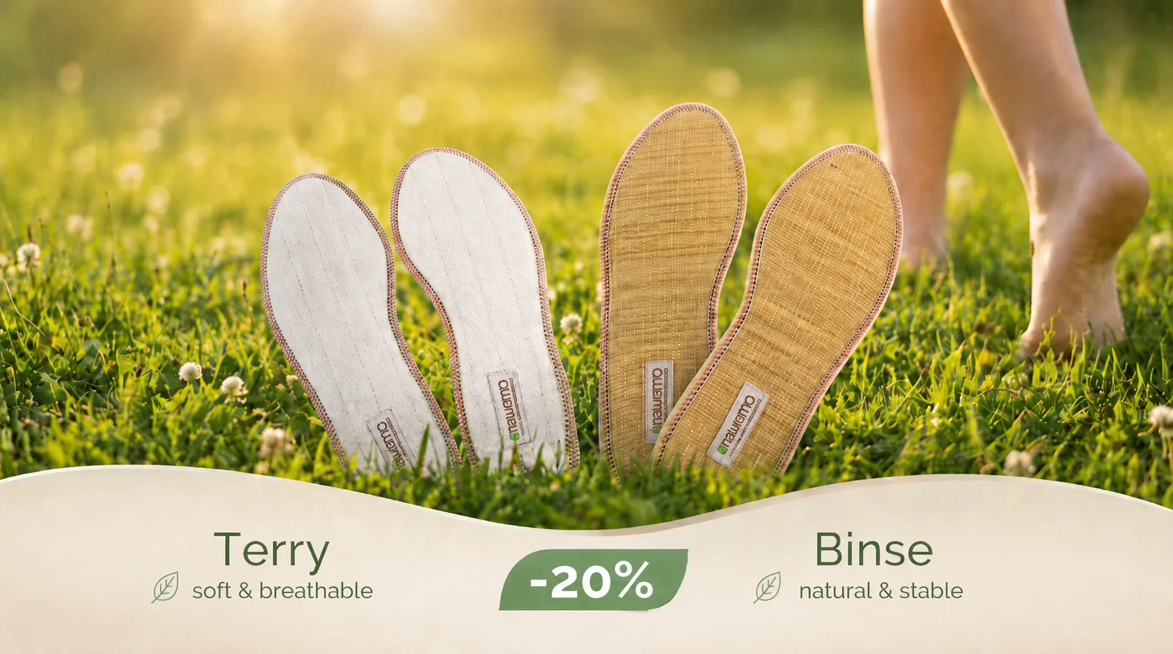 Two pairs of insoles made of terry and rush on green grass, featuring a -20% discount.