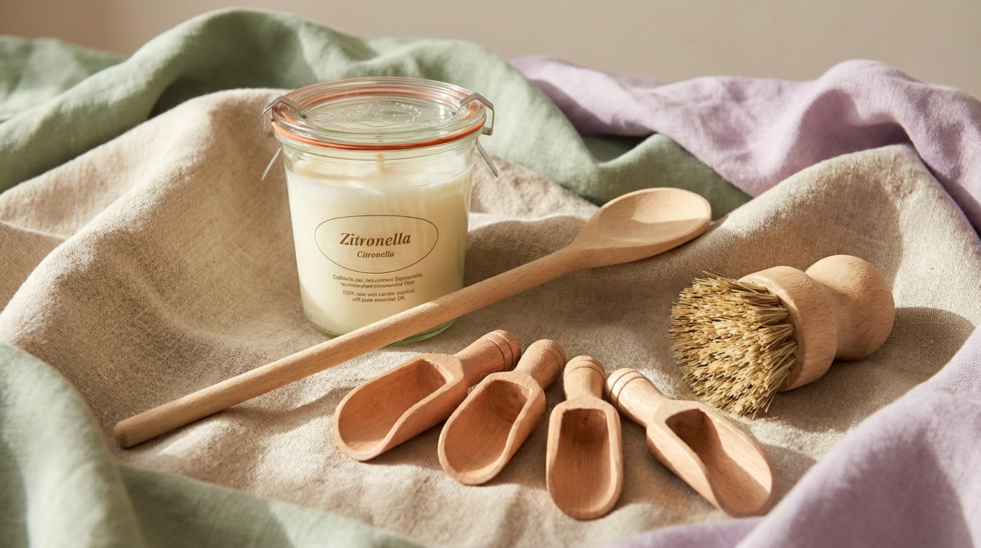 Ein Glas mit Zitronella-Duftkerze, Holzlöffel und kleine Holzschaufeln auf einem Tuch.