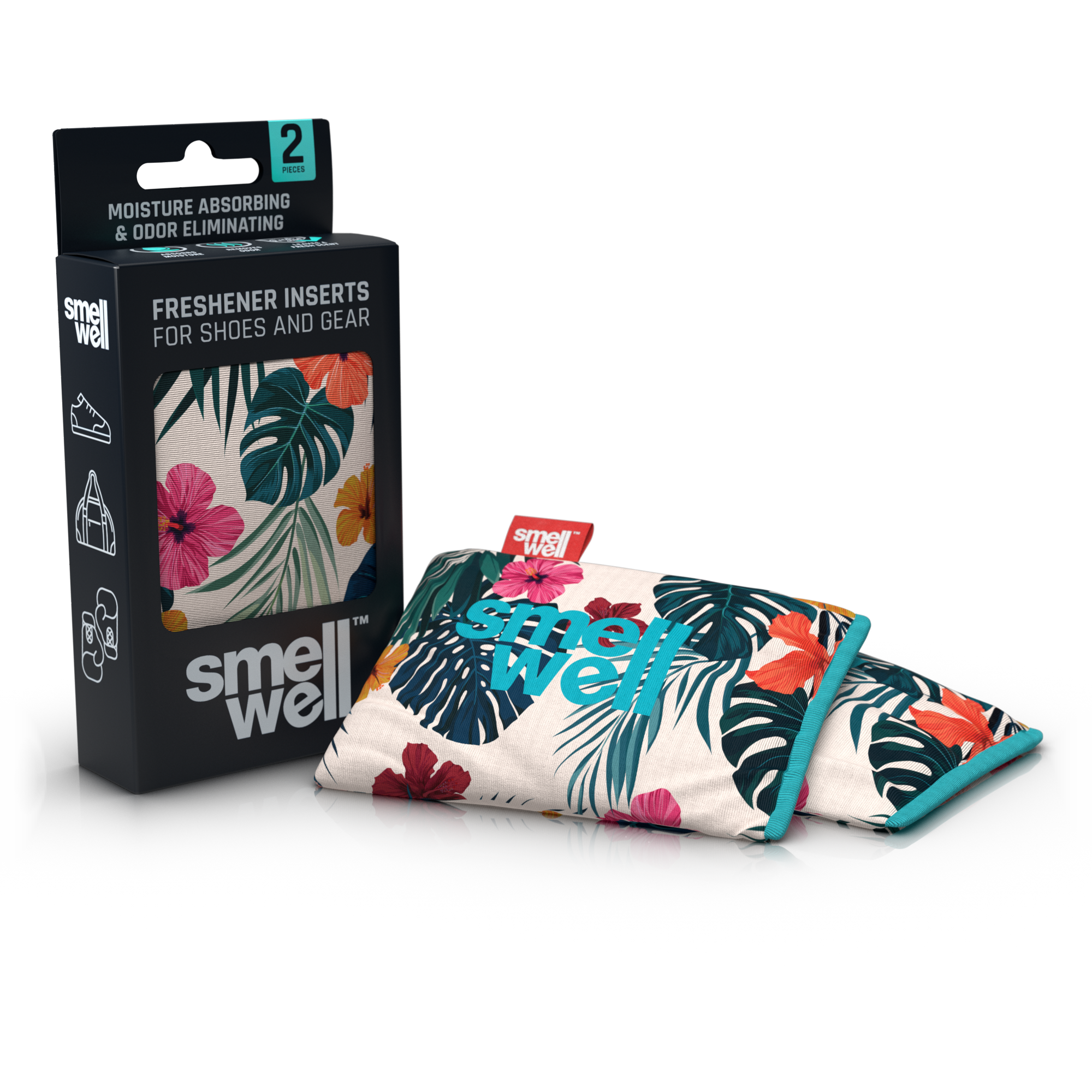 Almohadilla activa SmellWell Paquete con dos bolsas ambientadoras para zapatos, con un colorido diseño floral hawaiano.
