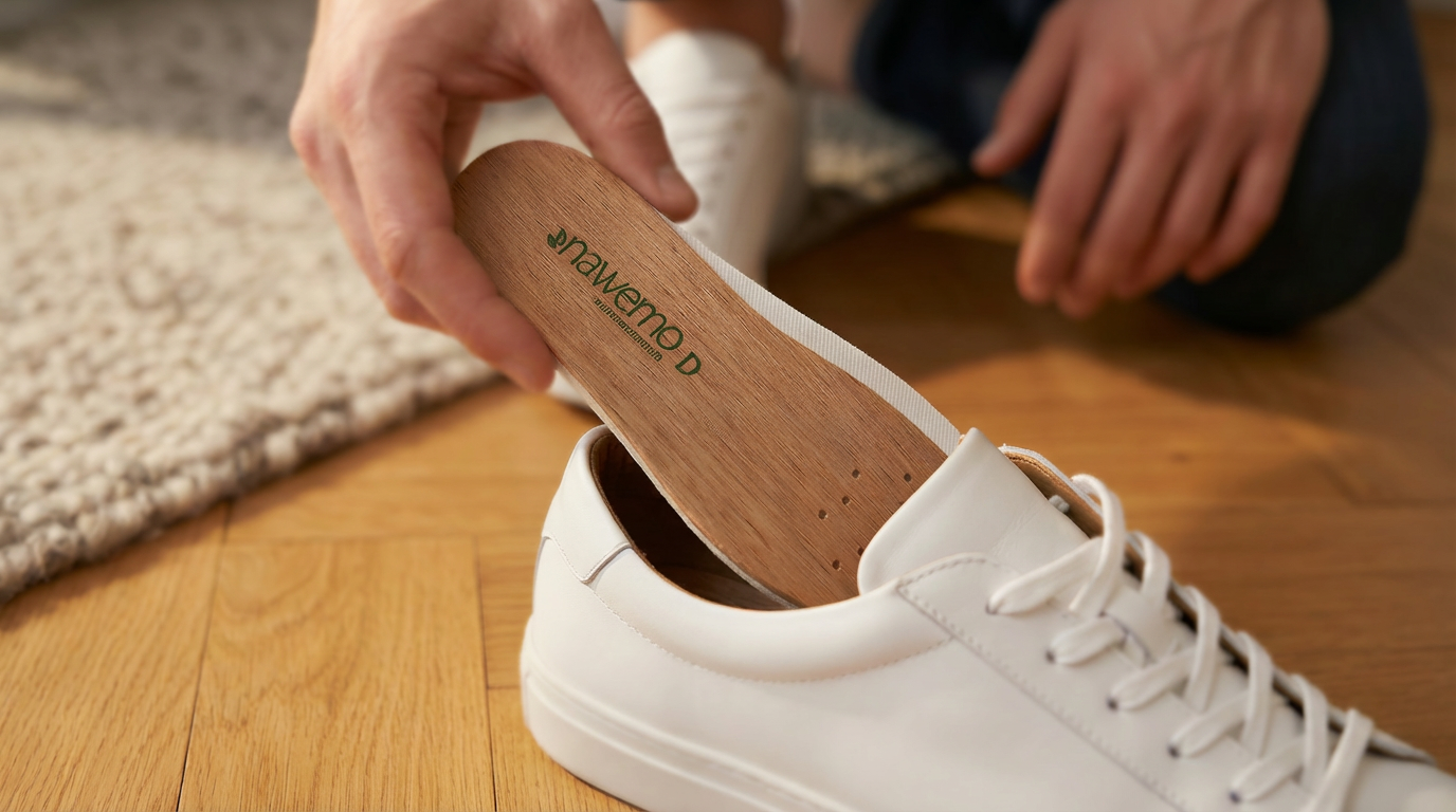 Eine Hand legt eine Holzsohle in einen weißen Sneaker auf einem Holzboden.