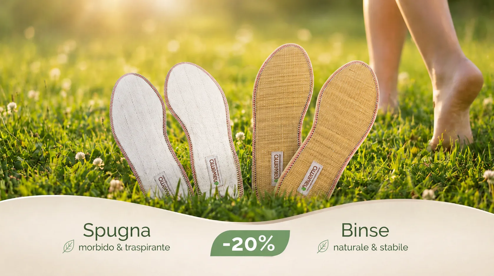 Due paia di solette in Spugna e Binse sull'erba, con uno sconto del -20%.