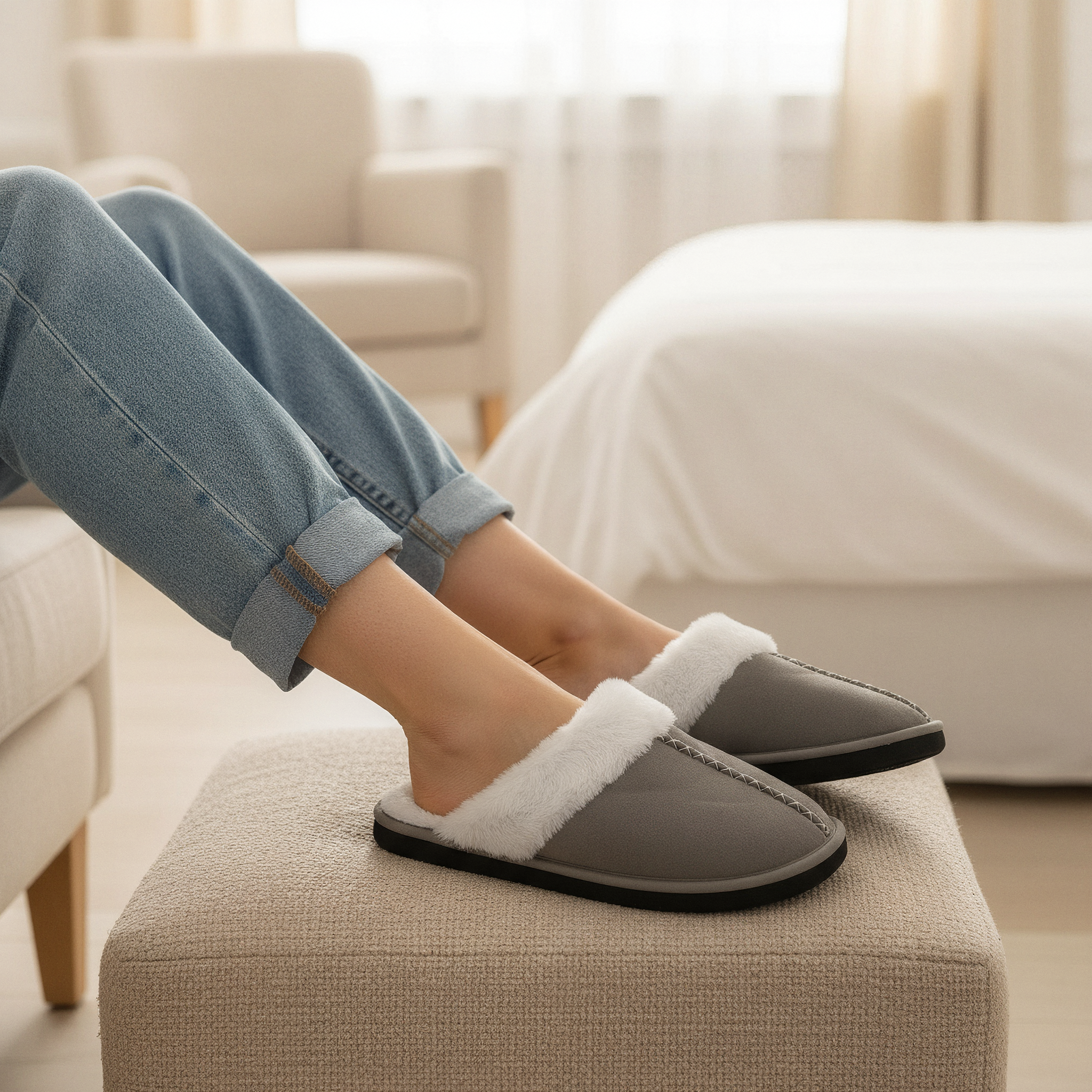 Zimthausschuhe Winter Nawemo "Flauschi Grey" Pantofole grigie con fodera bianca, indossate da una persona seduta su un pouf.