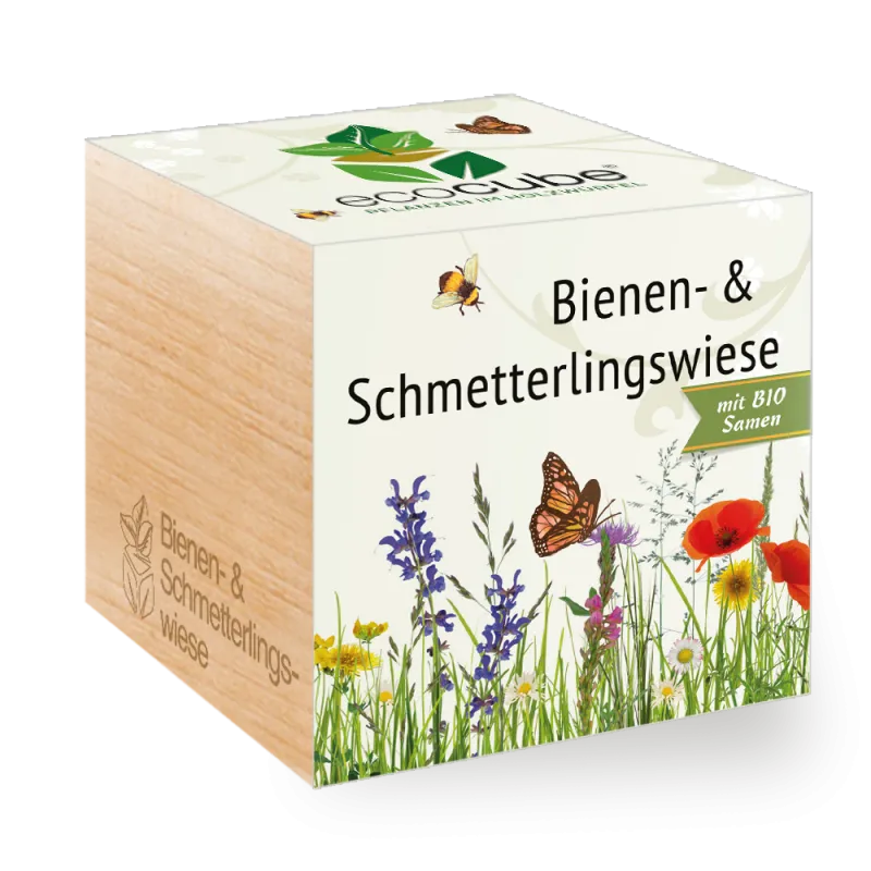 Ecocube Pflanze im Holzwürfel "Bienen- & Schmetterlingswiese"