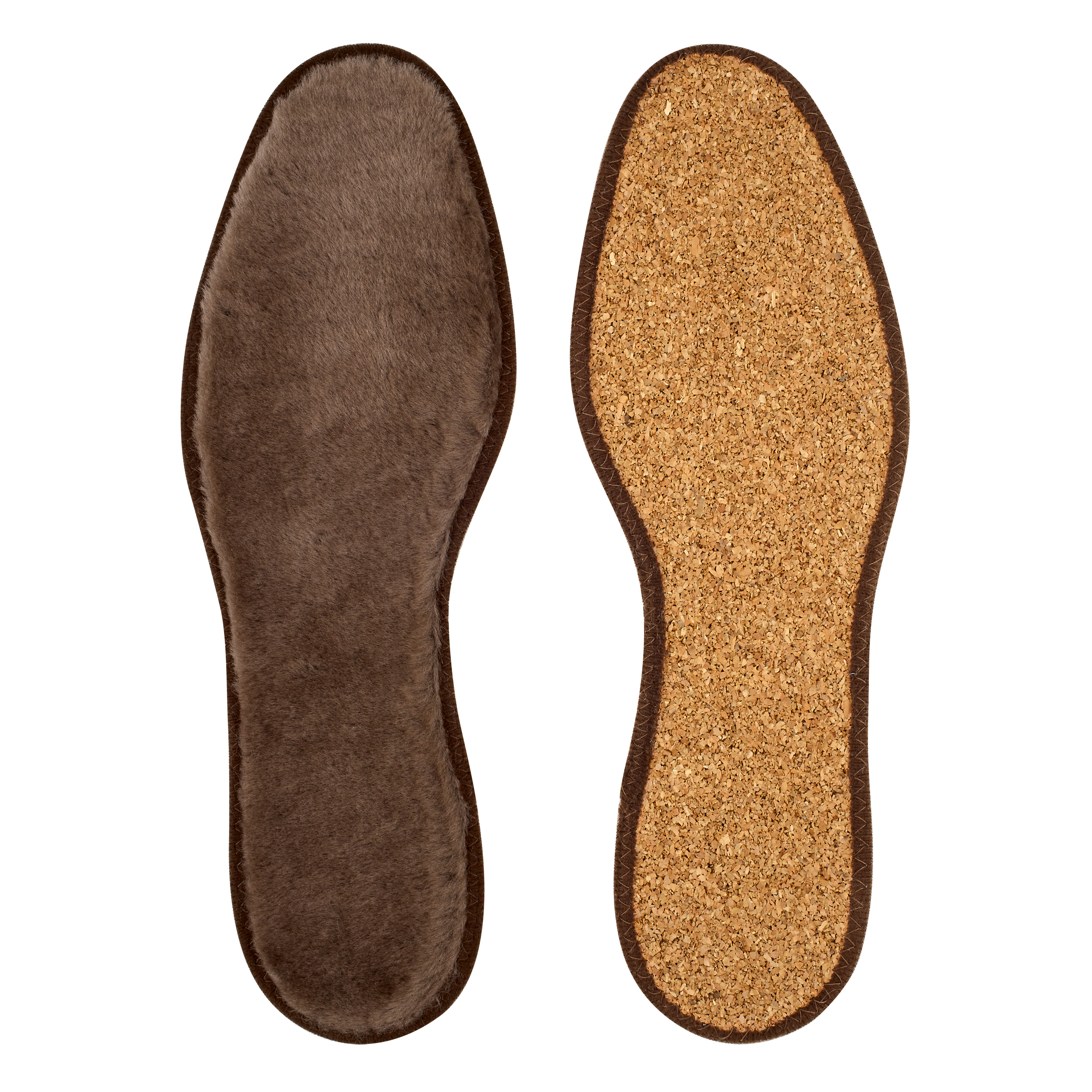 Nawemo2339 Lambskin insoles with cork bottom, featuring a brown top and light cork underside.