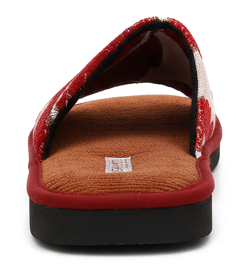 Kaneel pantoffels Nawemo "Handig" Rode kaneel pantoffels met bloemenpatroon en open teen ontwerp.