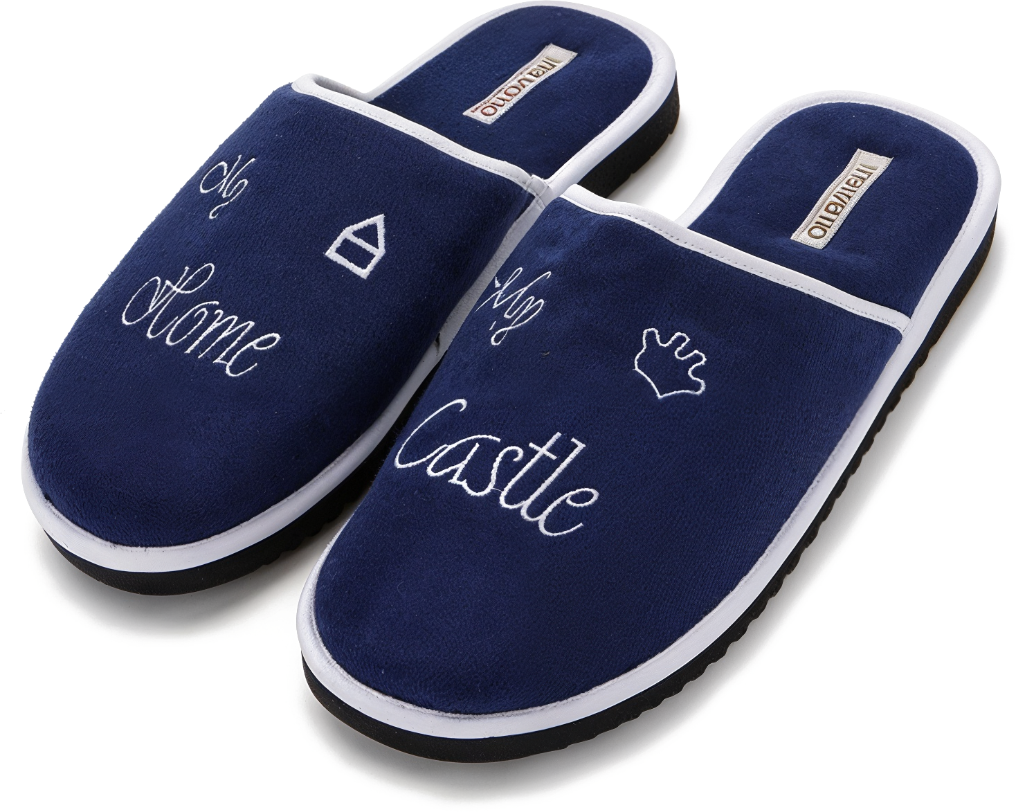 Pantofole alla cannella Nawemo "Home Castle", blu scuro e bianco