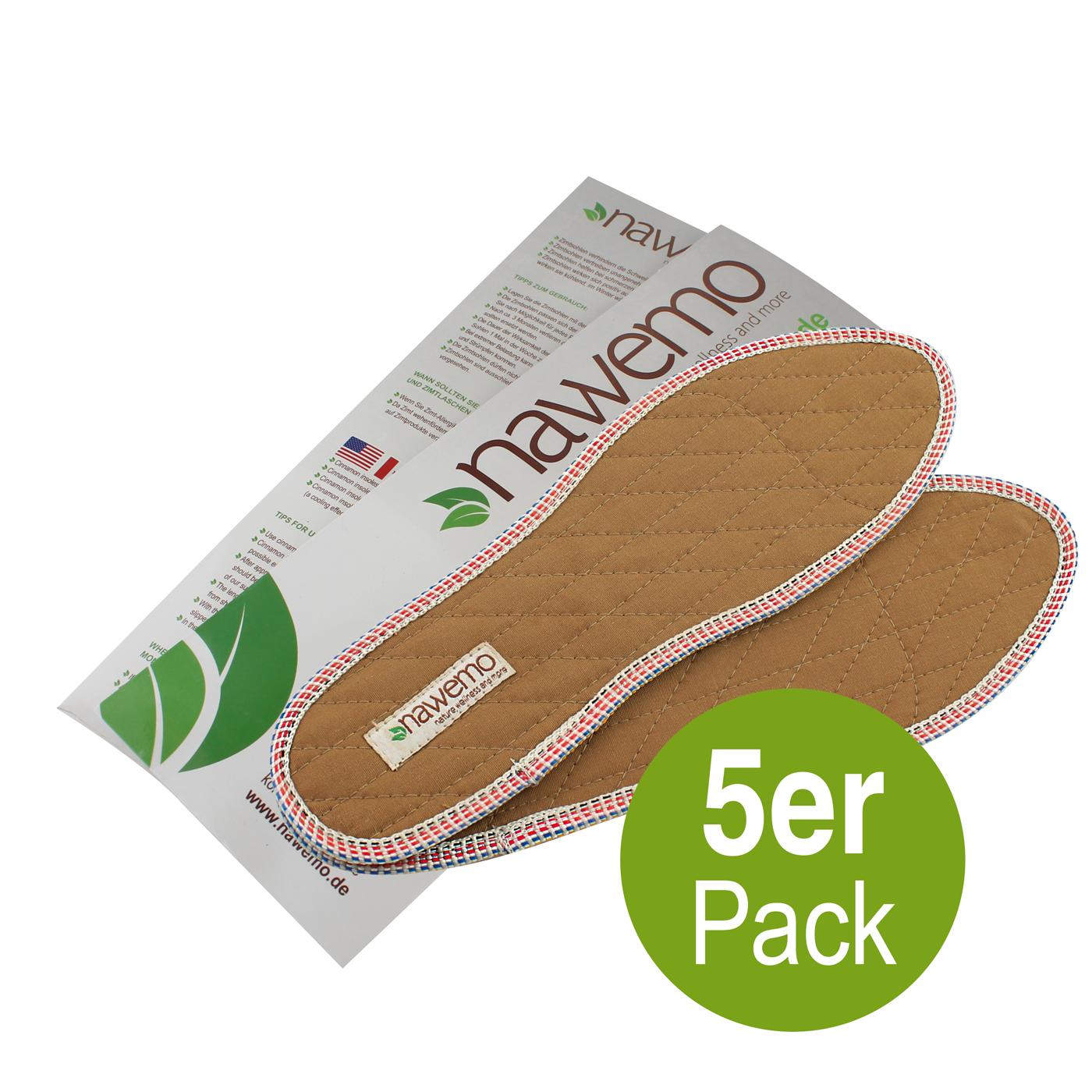 1400_5Pack_Herrensohle_verpackung_web Zimtsohlen Nawemo in braun, normale Passform, 5er Pack auf Verpackung.