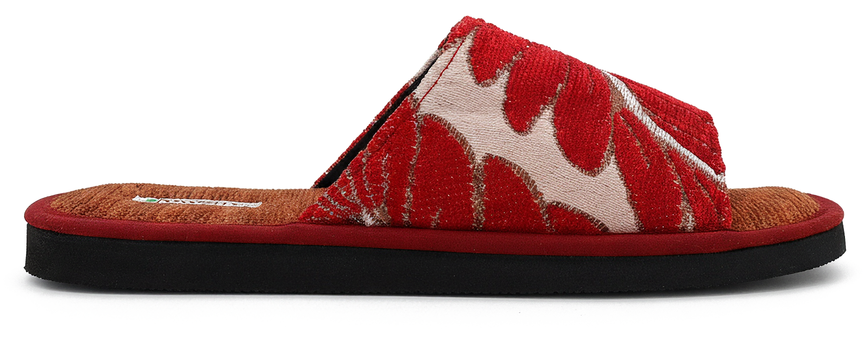 Kaneel pantoffels Nawemo "Handig" Kaneel pantoffels Nawemo 'Handig' in rood met bloemenpatroon en zwarte zool.