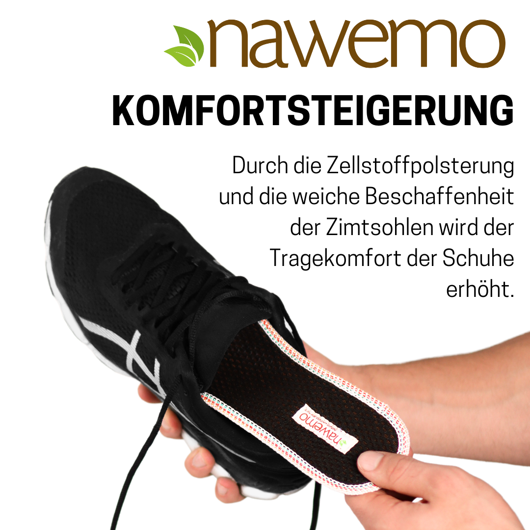 Suelas de canela Nawemo "3D" - paquete de 5 Suelas de canela Nawemo '3D' dentro de un zapato, destacando el acolchado suave y el diseño.