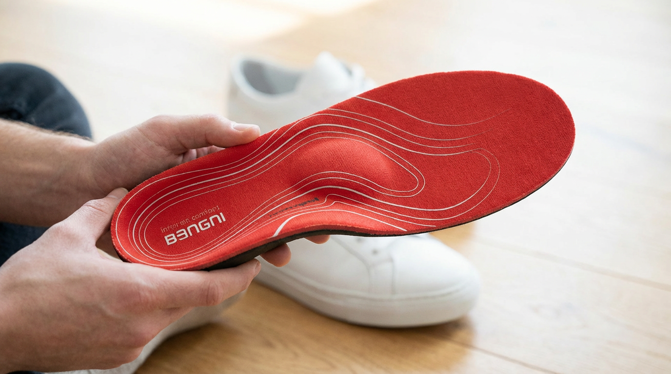 Rote Innensohle mit Konturen, gehalten von einer Person, im Hintergrund ein weißer Schuh.