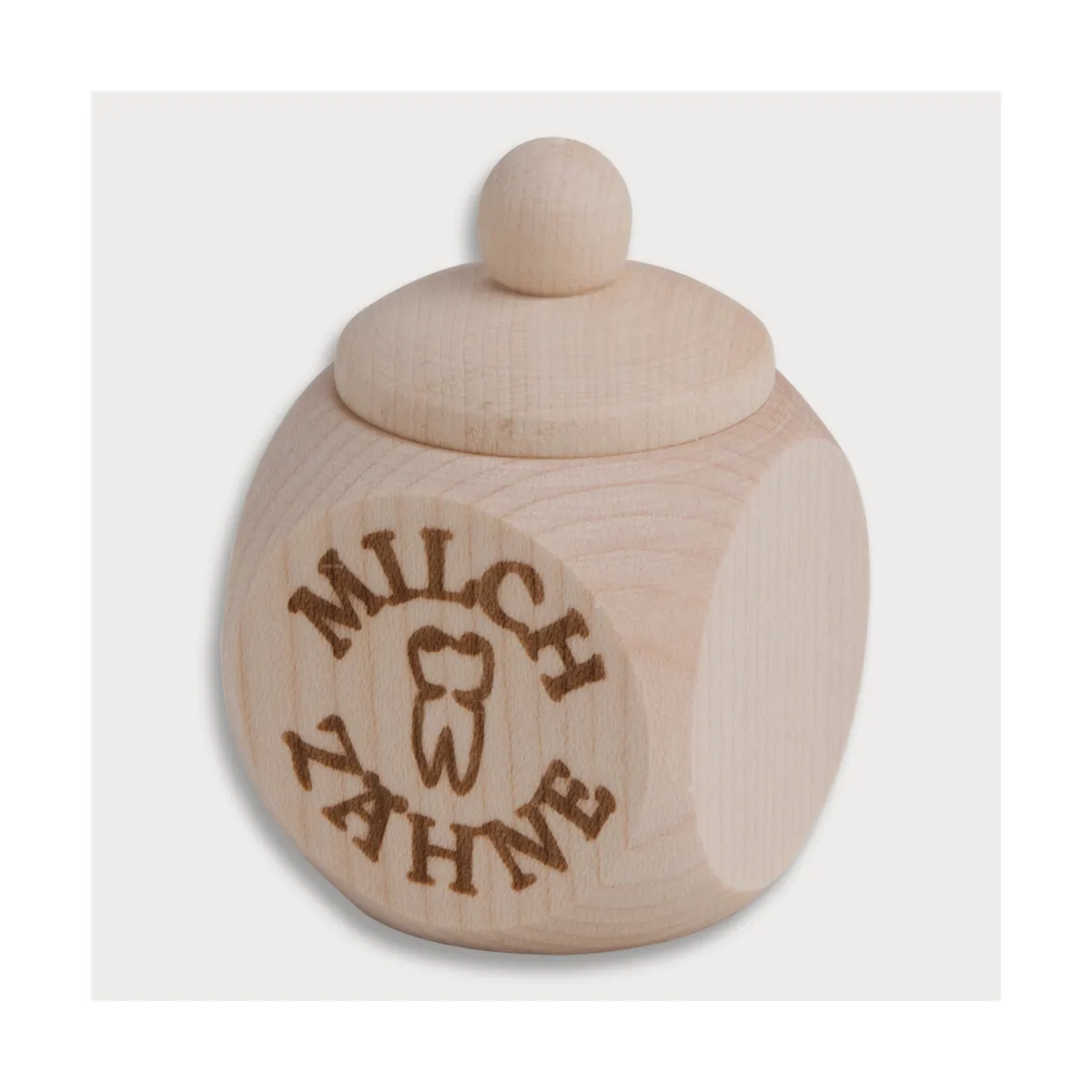 Holzdose, mit Schraubverschluss, Aufdruck Milchzähne, Einbrand aus Holz 4 cm