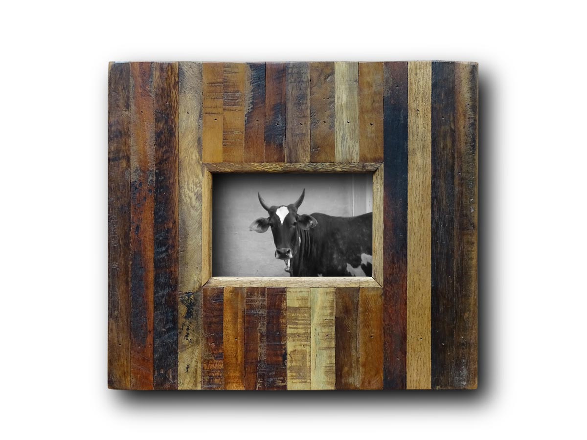 brtrb1015-Bilderrahmen-Triniburn-1015 Recycled found wood picture frame, rectangular, 36 x 22 cm, featuring a photo of a cow.
