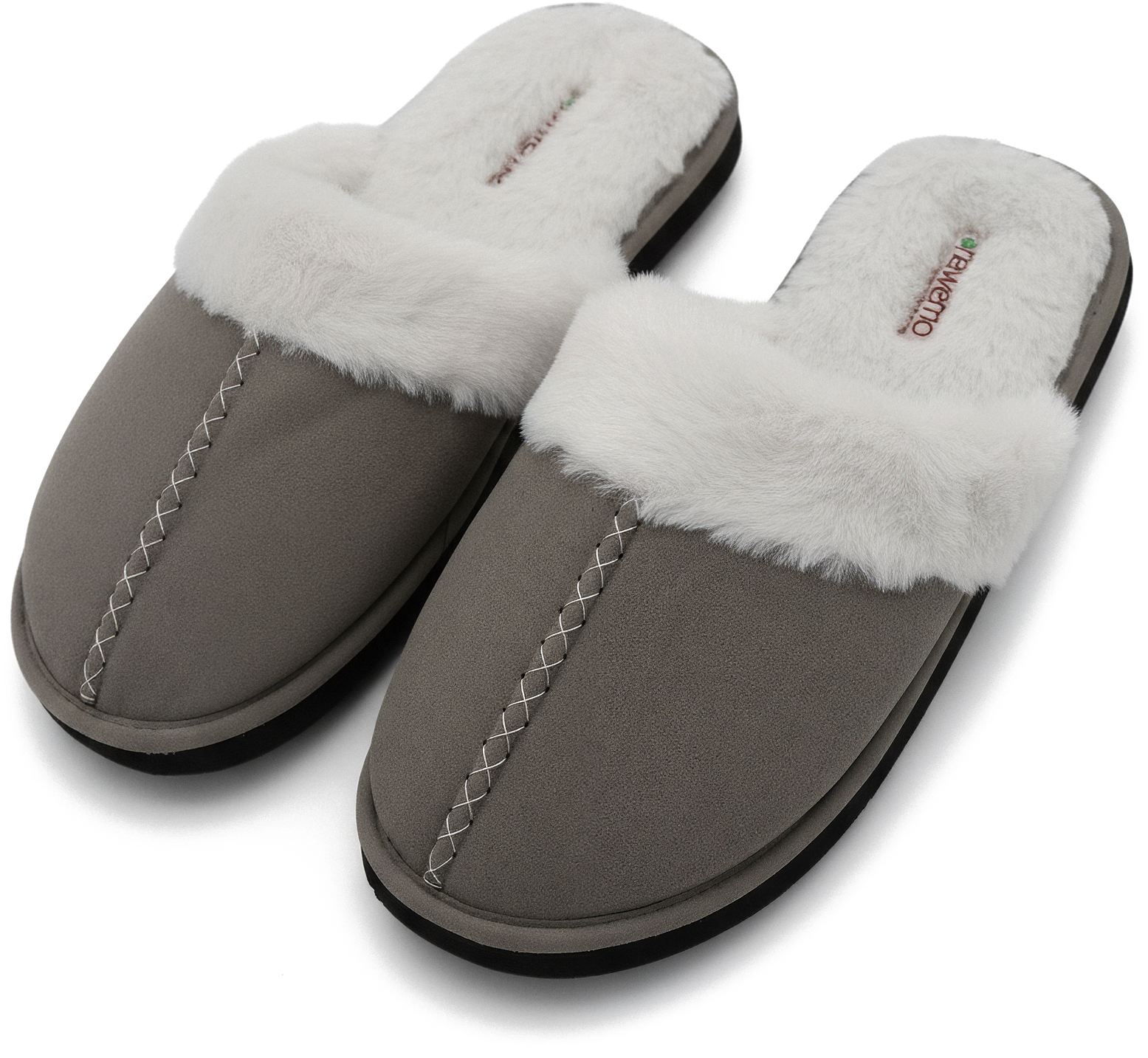 Zimthausschuhe Winter Nawemo "Flauschi Grey" Pantofole grigie con fodera bianca e cucitura decorativa.